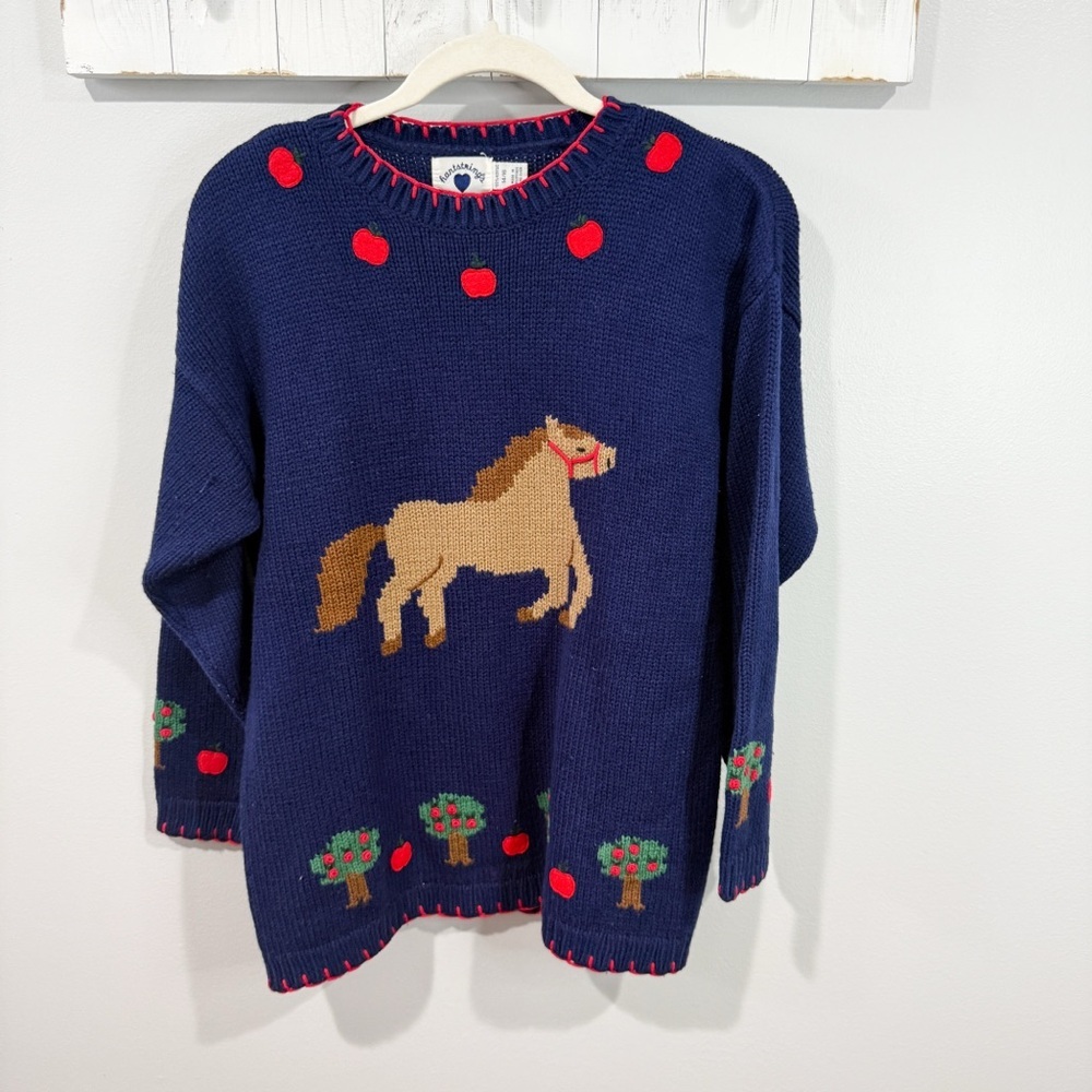 Vintage Hartstrings 3D Horse Sweater Navy Red Apples 14/16